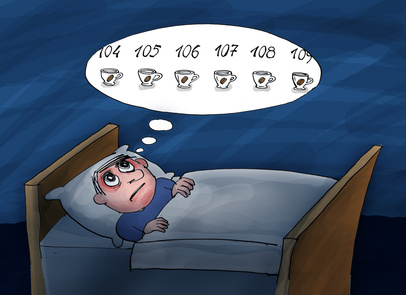 Insomnia. He counting cups of coffee.Too much coffee. Cartoon il