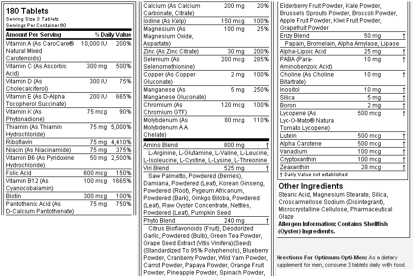Click to Enlarge - The Nutritional Facts for Opti-Men